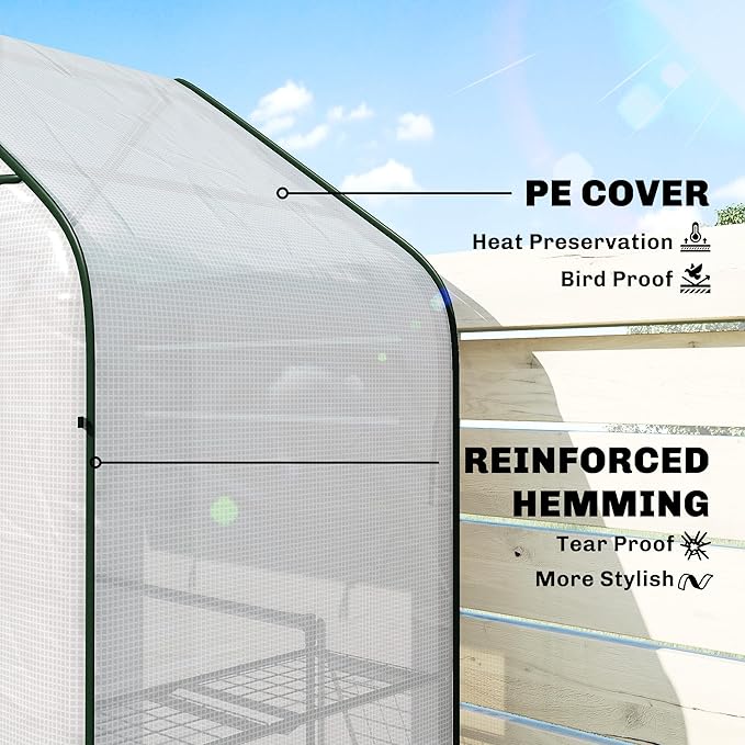 Outsunny 4.7' x 2.3' x 6.2' Small Greenhouse for Outdoors 3 Tiers 6 Shelves Portable Greenhouse with UV-Resistant PE Cover Walk-in Green House with Roll-Up Door White