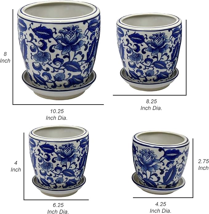 Planter with Saucer Set of 4 Vintage Blue Floral Print White Ceramic