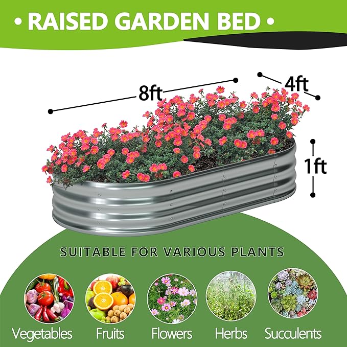 8x4x1ft(2 Pack) Galvanized Oval Raised Garden BedOutdoor Planter Box Metal Patio Kit Planting Bed for Vegetables Flowers HerbSilver