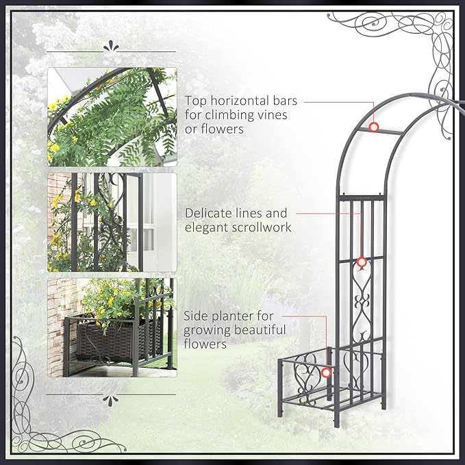 6.7' Steel Garden Arch with Scrollwork Hearts Planter Boxes for Climbing Vines Ceremony Weddings Party Backyard Lawn Dark Gray YG741