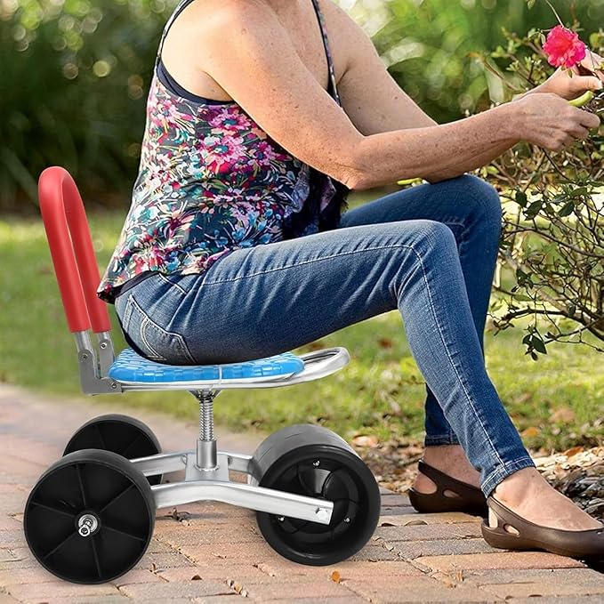 Garden Cart Work Seat with Wheels Sturdy Workseat Cart Adjustable Seat Height Adjustable 360 Degree Swivel Gardening Helper for Lawn Yard Patio