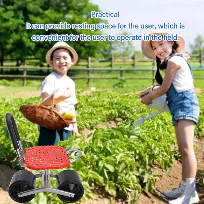 Garden Seat with Wheels Garden Rolling Work Seat with 2 Wheels Iron Comfortable Adjustable for Outdoor Lawn Yard Patio