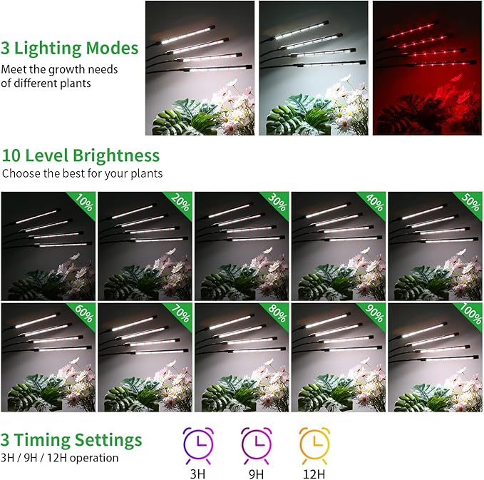 Grow Lights for Indoor Plants168 LEDs Clip Plant Lights Full Spectrum LED Plant Growing Lamps with Flexible Gooseneck 3/9/12H Timer 3 Spectral Modes 10 Dimmable Levels 4 Head
