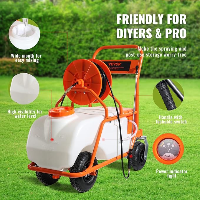VEVOR Battery Powered 15 Gallon Garden Weed Sprayer with Wheeled Cart 126FT Hose with Reel 8 Nozzles 2 Wands with Lock Trigger 0-90PSI 5-6h Spray Time Wide Mouth Lid Rotating Wheels with Brake