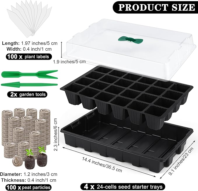 4 Pack 24-Cells Seed Starter Tray Kit Germination Tray with Humidity Dome and Base Plant Growing Kit Germination Starter Including Peat Pellets Plant Labels Tool for Indoor Outdoor Black