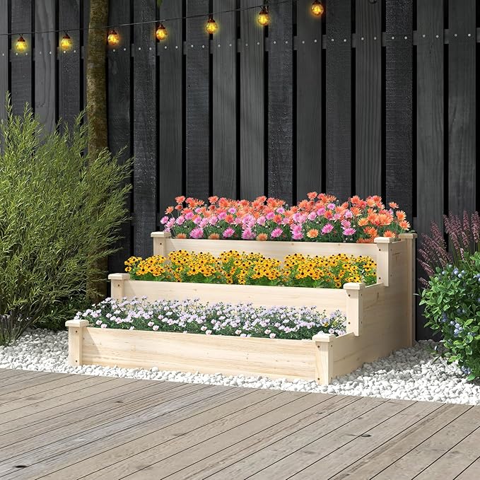 3-Tier Raised Garden Beds Outdoor Fir Wood Raised Garden Bed Planter Box Flower Bed Wooden Planter Kit for Gardening Vegetable &amp Herb