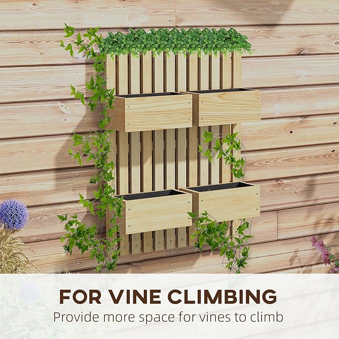 4 Box Raised Garden Bed with for Vine Flowers Climbing Plants 31.5 Tall Wall Mounted Wood Planter Box Set with Adjustable Height Drainage Hole Natural