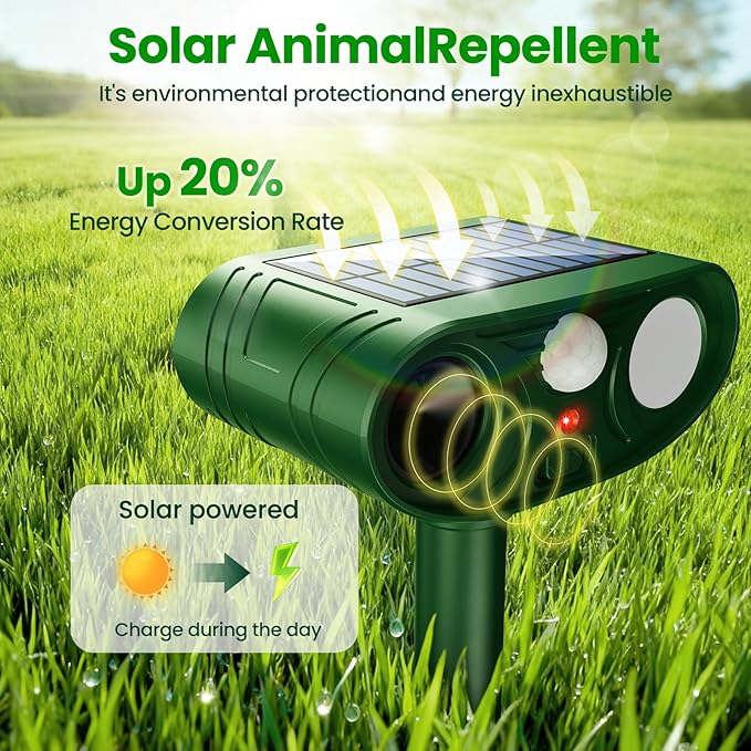 2026 Upgraded Solar Ultrasonic Animal Repellent Outdoor Deer Cat Repellent with Motion Sensor Flash LightIP65 Waterproof Repeller Keep Rodent Squirrel Raccoon Opossum Skunk Out of Yard Farm (2)