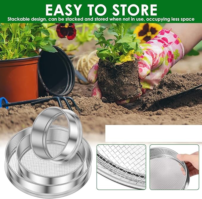 Stainless Steel Soil Sieve 3 Pcs Soil Sieve Stainless Steel Garden Stackable Sifter Set Reusable Compost Stone Mesh