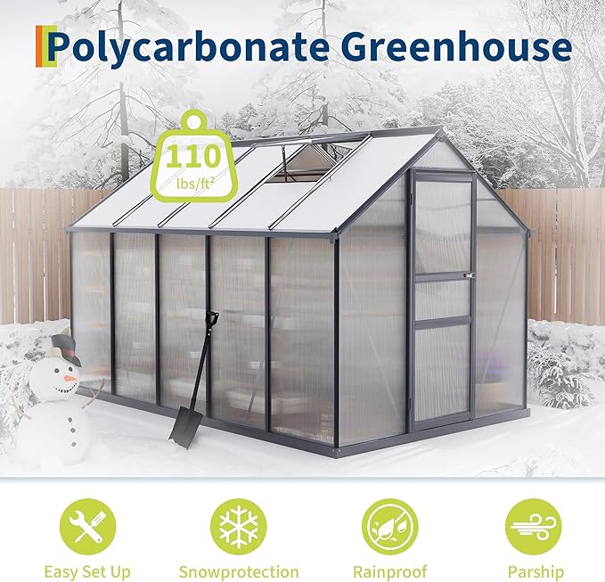Large Greenhouse for Outdoors 6x10 FT Polycarbonate Green House with Roof Vent and Quick Setup Structure Aluminum Greenhouse Kit for Garden Backyard