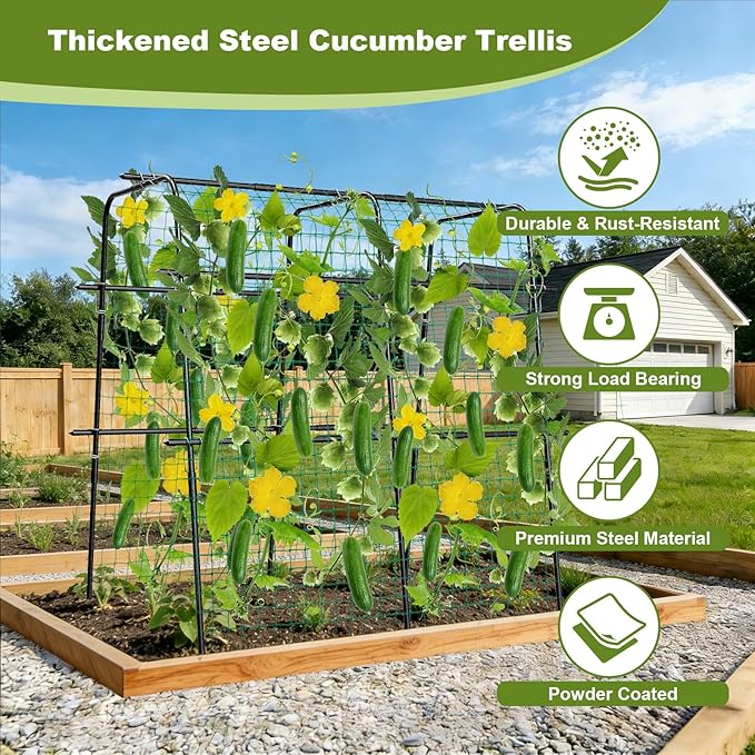 Cucumber Trellis for Raised Bed 63 Inch A-Frame Garden Trellis for Climbing Plants Outdoor Vine Trellis with Net Plant Support for Tomato Vegetables Flower (63 L×15.8 W×63 H-Large)