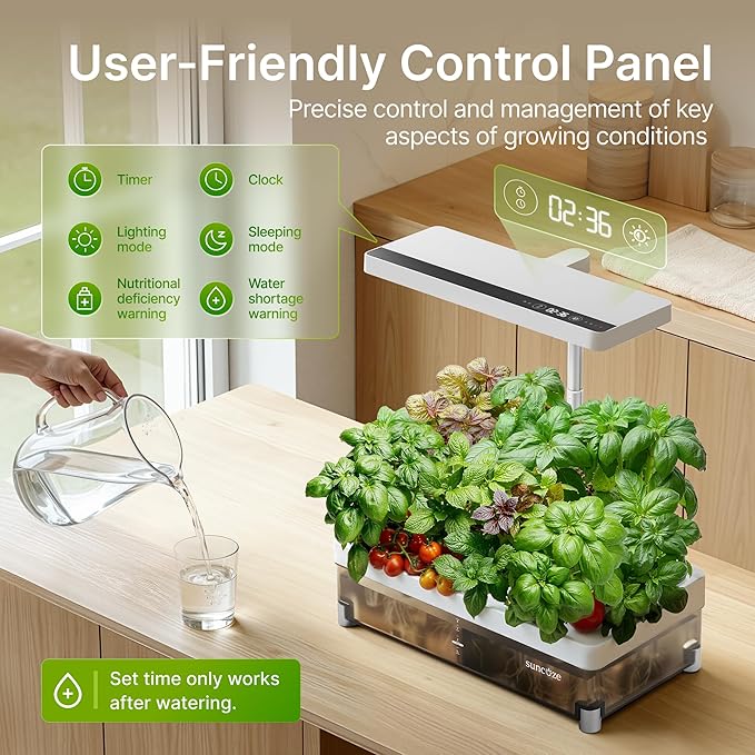 SUNCOZE Hydroponics Growing System Kit 13 Pods Indoor Garden with Dimmable Grow Light 4L Visible Water Tank with Adjustable Height to 12.8Digital Timer &amp Water/Nutrient Reminder Gardening Gif