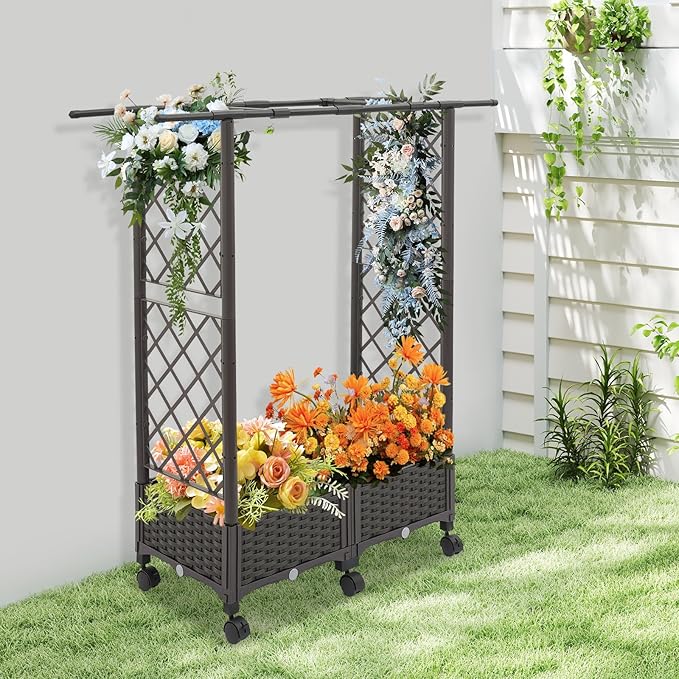 Grid-Patterned Flower Box with WheelsRaised Garden Bed Planter with TrellisOutdoor Planter Garden Box for Backyard Balcony Patio