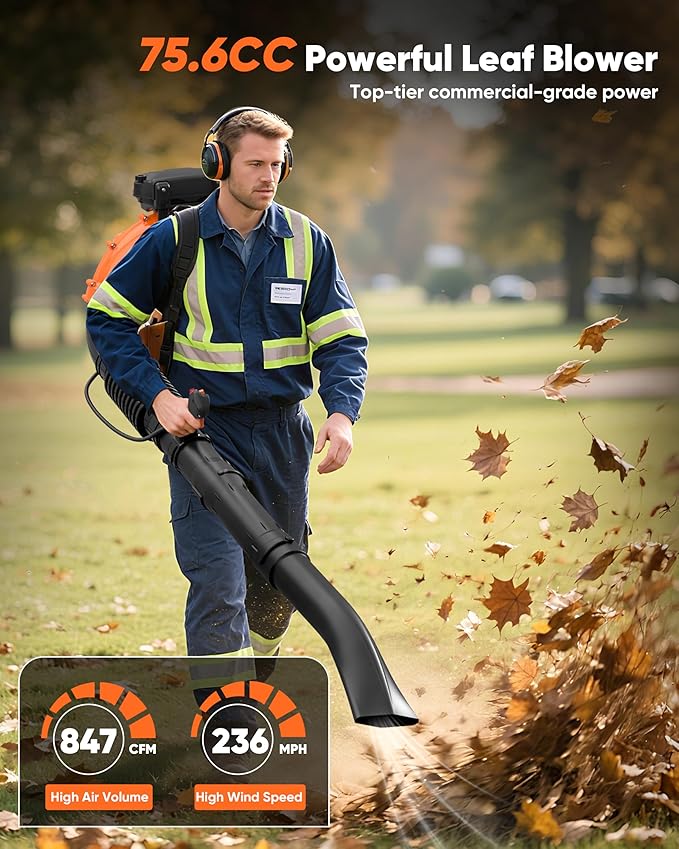 75.6CC Gas Backpack Leaf Blowers 847CFM Powerful Gas Blowers 236 MPH Low Vibration 2-Cycle Ergonomic Harness System for Garden