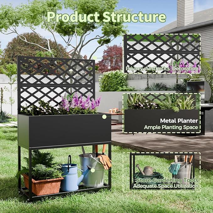 Metal Planter Box with Trellis55 H x35 W Raised Garden Beds with Privacy Screen for Climbing Plants Flower Elevated Standing Planter Garden Bed with Drainage Holes for Outdoor PatioBlack