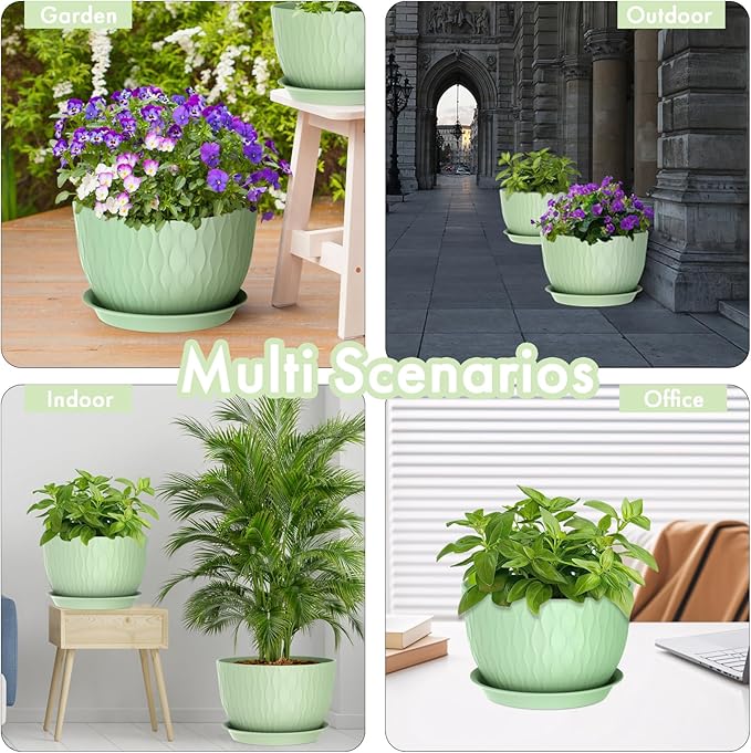 12 Inch Large Plant Pots for Indoor or Outdoor Plants Wide Water Ripples Flower Pots with Drainage Holes &amp Saucer Plastic Planters Set for Garden &amp Home Decor (Green)