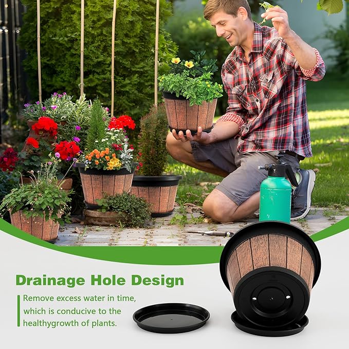 Quarut 4 Pack 10 inch Plant PotsUpgrade Whiskey Barrel Planters with Drainage Holes &amp SaucerPlastic Decoration Flower Pots Retro DesignPlanters for Outdoor Indoor Garden Home Plants (Brown)