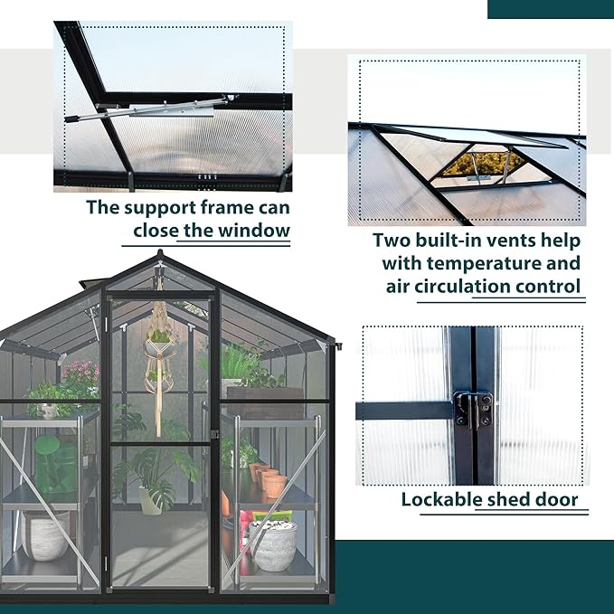 Polycarbonate Greenhouse 6'x8' Upgraded Heavy Duty Aluminum Walk-in Green House for Outdoor Garden with BaseAdjustment Roof VentHinged DoorRain Gutter2 GlovesFree Assembly Tools