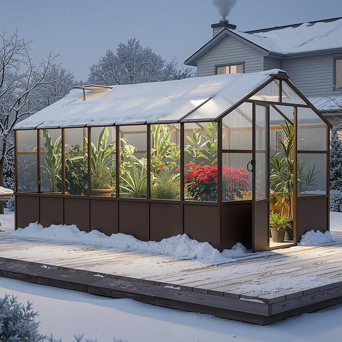 8x14 FT Wooden Greenhouse for Outdoors Walk in Polycarbonate Greenhouse with Locked Door and Roof Vent Heavy Duty Green Houses with Cedar Frame for Outside Garden Backyard Brown