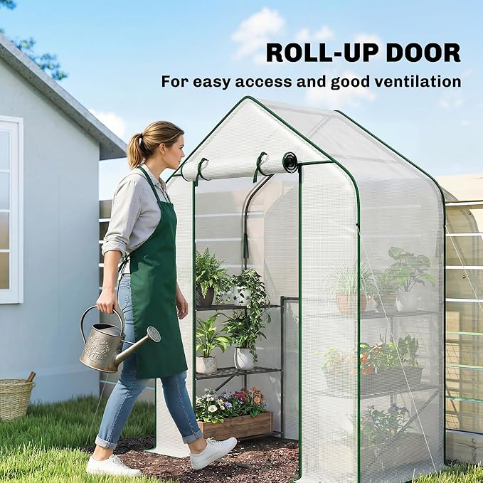 Outsunny 4.7' x 2.3' x 6.2' Small Greenhouse for Outdoors 3 Tiers 6 Shelves Portable Greenhouse with UV-Resistant PE Cover Walk-in Green House with Roll-Up Door White