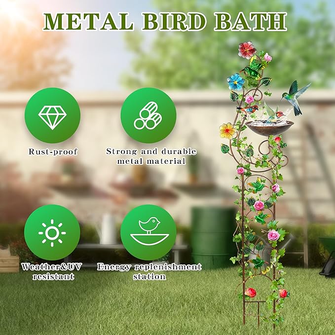 57” Bird Bath with Garden Trellis for Climbing Plants Outdoor Small Decorative Trellises Metal Birdbath Bird Baths 1 Piece (Hummingbird)