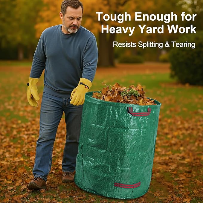 72 Gallon Reusable Yard Waste Bags (3 Pack) Heavy Duty Stand-Up Leaf &amp Lawn Bags 150 GSM Woven PP (PE Coated) Double-Layer Bottom Top &amp Bottom Reinforced Handles Cowhide Gloves Included