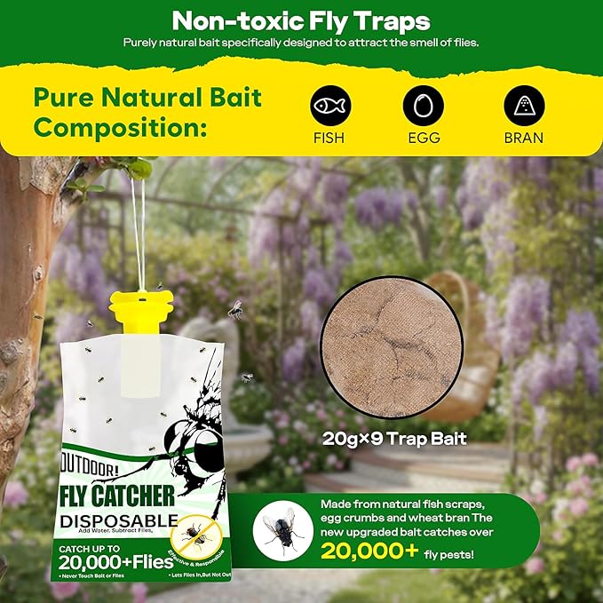 9 Pack Fly Traps Outdoor Disposable Hanging Fly Traps with Natural Pre-Bait Non Toxic Fly Catcher Fly Repellent for Home Backyard Patio &amp Camping Pool Barn Stable Ranche Farm