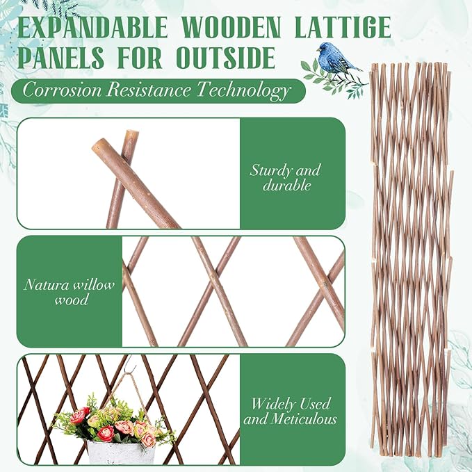2 Pack Expandable Willow Trellis Lattice Fence Willow Fence Panel for Climbing Plants Garden Lattice Trellis Plant Support Open Screen Fencing Outdoor Decorative Wood