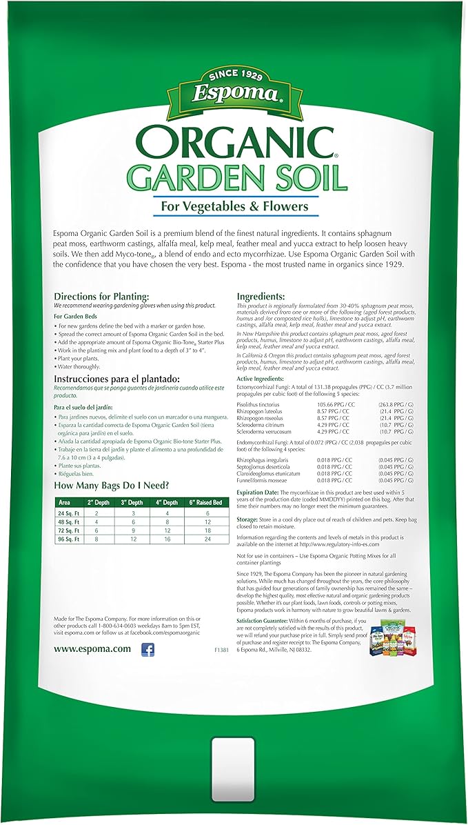 Espoma Organic Vegetable &amp Flower Garden Soil Natural and Organic in Ground Planting Mix. Use when Planting &amp Transplanting. For Organic Gardening. 1 Cubic Foot Bag