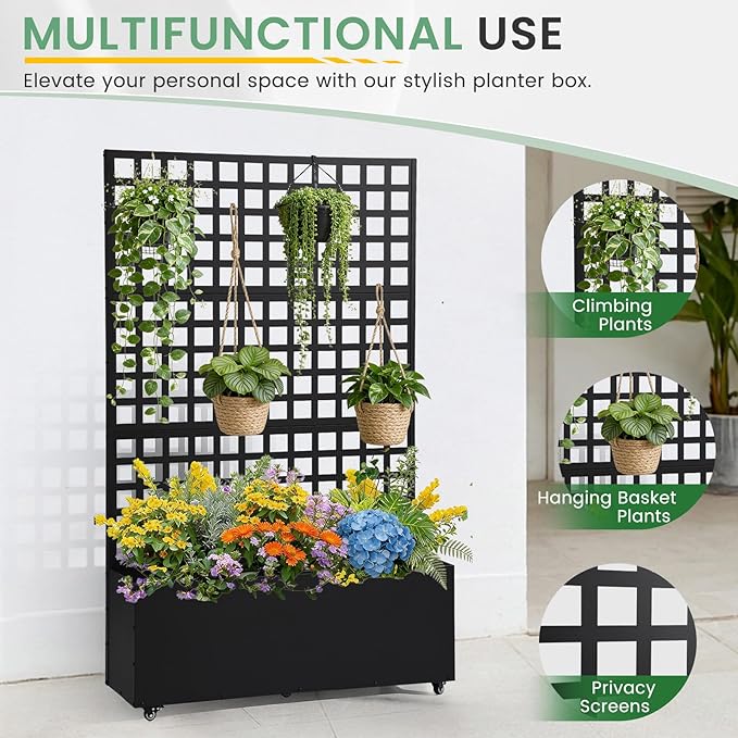 LVUYOYO Metal Raised Garden Bed Planter Box with Trellis &amp Wheels Outdoor Patio Garden Beds Flower Box with Privacy Screen &amp Drainage Holes for Climbing PlantsVegetables Vines