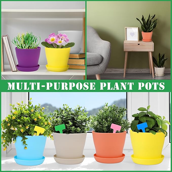 48 Pack Plastic Planters 5.5 Inch Flower Plant Pots Indoor Set Thickened Seedling Nursery Pots Seed Starting Pots with Drainage Holes Saucers Mini Garden Tool for Home Office Garden Multicolor