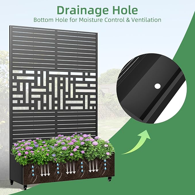 Casaphoria Metal Raised Garden Bed with Trellis and Wheels 72x47x16 Planter Box for Climbing Plants Vegetables &amp Vines Features Drainage Holes and Privacy Screen Black(Louvered&ampHelen)