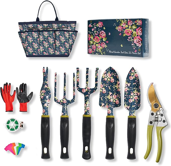 Garden Tool Set 25Pcs Heavy Duty Floral Garden Tools Aluminum Rust-Proof Gardening Kit with Garden Shovel Trowel Pruner Gloves Ideal Gardening Gift