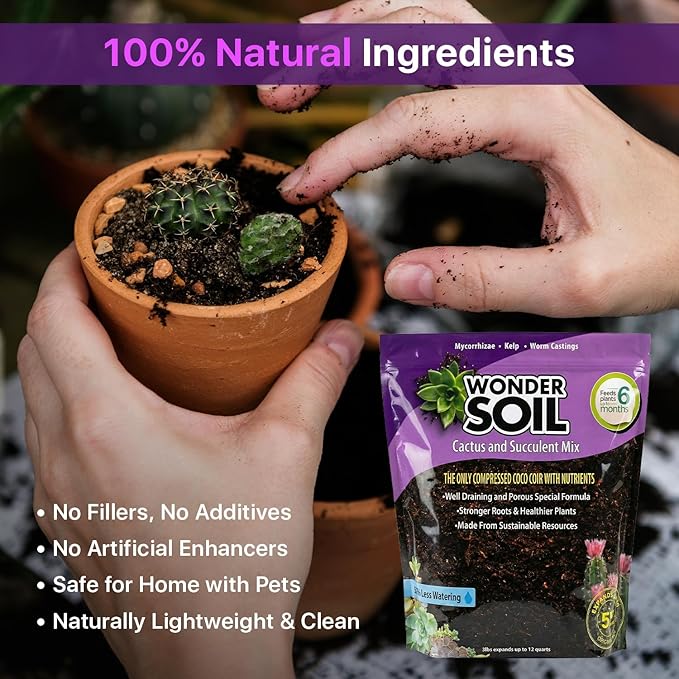 WONDER SOIL | Organic Cactus &amp Succulent Soil Mix (12 Quarts) | Fast Draining Living Coco Coir Loaded w/Nutrients | Ready to Plant Indoor/Outdoor Peat-Free Potting Soil | 3 LB Expands to 12 Quarts
