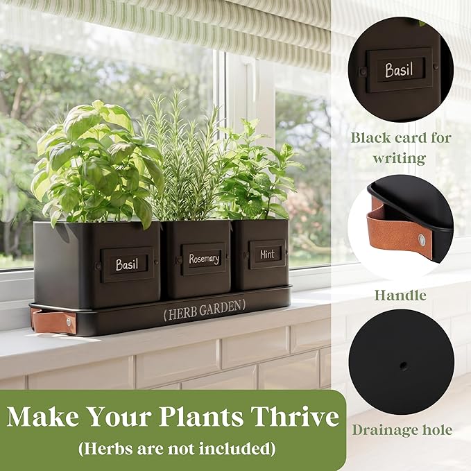 PERFNIQUE Indoor Herb Garden Herb Planter Set with Tray Farmhouse Indoor Plant Pots Windowsill Herb Garden with Drainage(Planter only) for Indoor/Outdoor Window Pots(Matte Black)