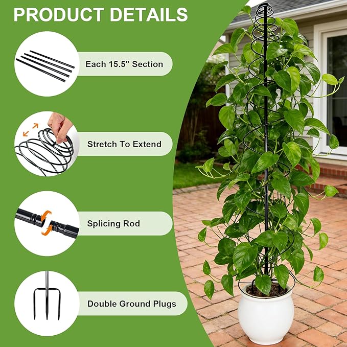 2 Pack Spiral Metal Trellis for Climbing Plants Outdoor 75 Adjustable Plants Trellis Support Metal Garden Trellis with Center Pole and 3 Pronged Climbing Plant Grow Cage Stand for Plants Flowers