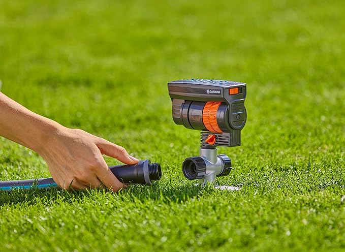 GARDENA 20575 | Up to 2300 sq ft - ZoomMaxx Adjustable Oscillating Sprinkler on Metal Step Spike for Watering Large Area Lawn with US Hose Threads Yard and Garden. Gardena Quick Connects