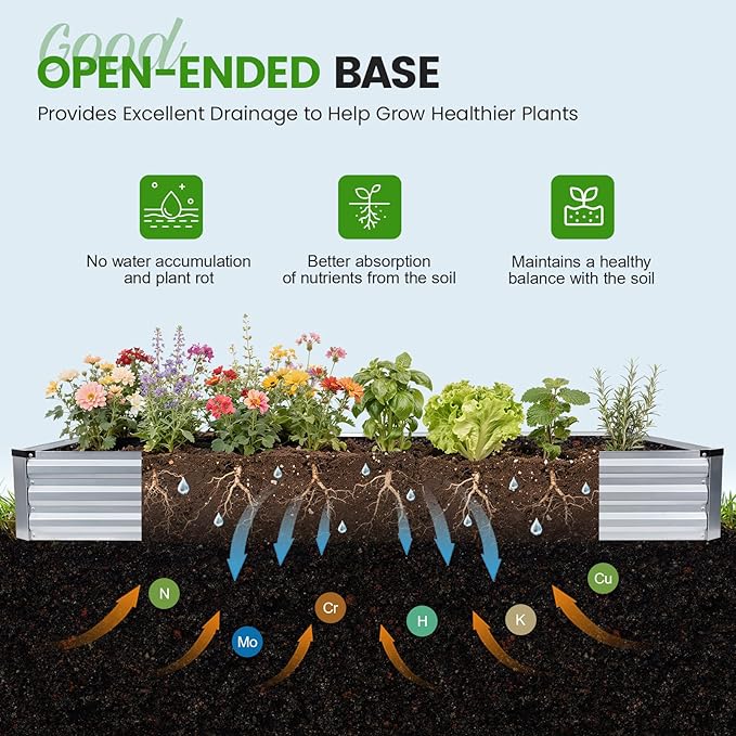 G GOOD GAIN 12x4x1ft Galvanized Raised Garden Bed Heavy-Duty Metal Planter Boxes Outdoor for Vegetables Flowers Herbs Silver(1 Pack)