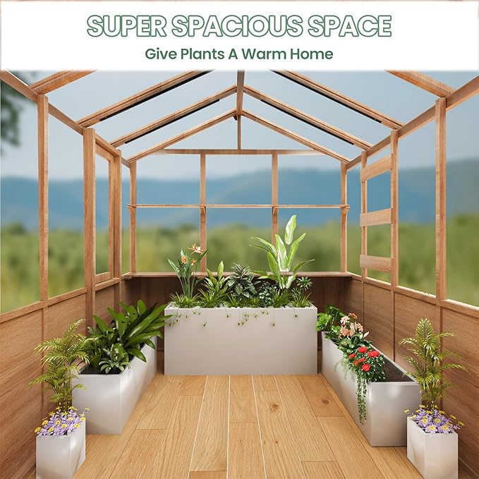 8*9.2*8.2FT Wooden GreenhouseGreen House with Shelves &amp Plant HooksSloped Roof DesignUnique Metal RodEuropean Spruce Frame for Outdoor Garden and Backyard