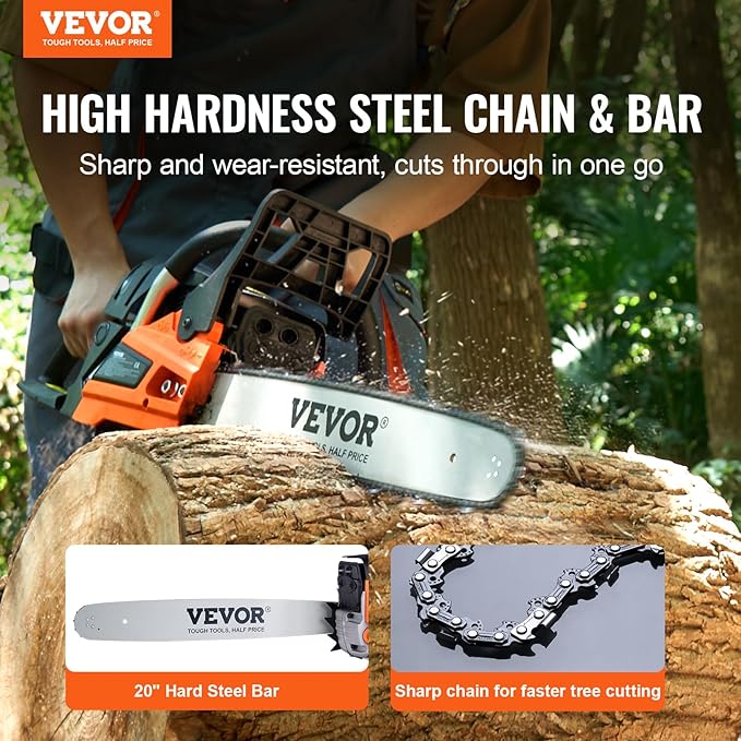 VEVOR Gas Chainsaw 58CC 2-Cycle Gasoline Powered Chainsaw 20 Inch Handheld Cordless Petrol Chain Saws For Forest Wood Garden and Farm Cutting Use