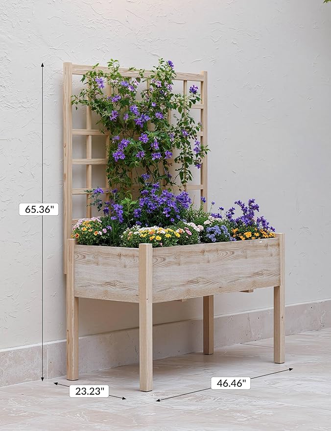 Raised Garden Bed with Trellis Elevated Planter Box with Legs For Backyard Patio Balcony w/Bed Liner Wood Standing Planter Stand for Climbing Plants Flowers Vegetables Herbs 46 in x23 in x65 in