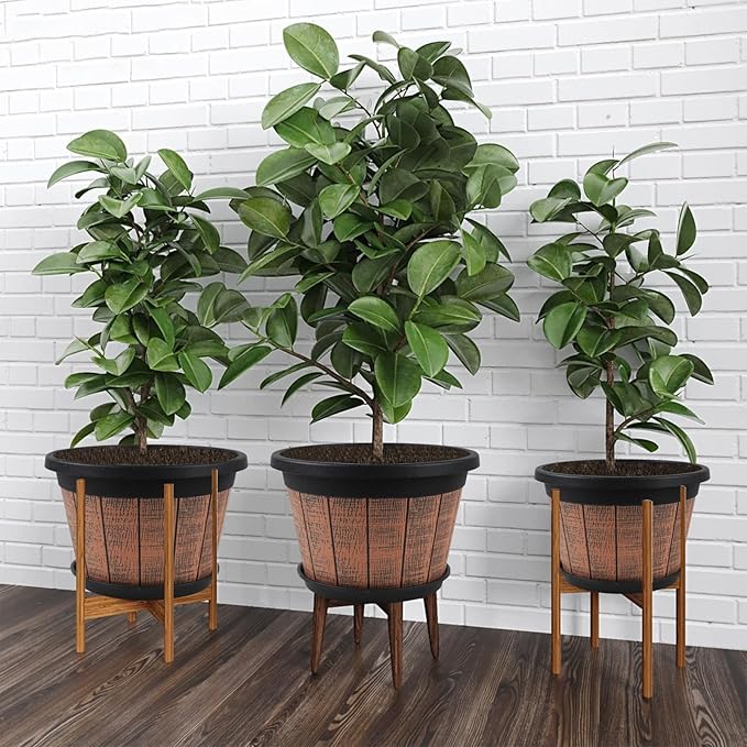 Quarut Large 4 Pack 14 inch Plant PotsWhiskey Barrel Planters with Drainage Holes &amp SaucerPlastic Decoration Flower Pots Retro DesignPlanters for Outdoor Indoor Garden Balcony Plants (Brown)