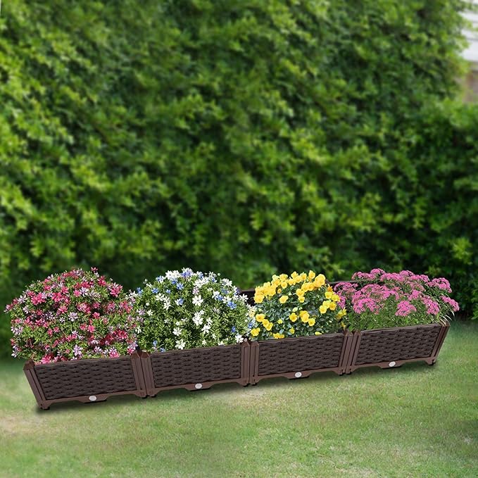 61x15x8.6in Raised Garden Bed Outdoor Elevated Plastic Planting Planter Boxes for Backyard Patio Balcony Floor Standing Rectangular Garden Box Kits with Drainage System -Coffee