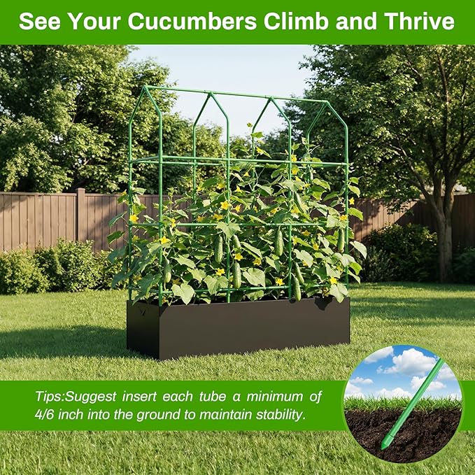 Large Cucumber Trellis with Grow Bag 65 Tall Metal Garden Trellis for Climbing Plants Outdoor Reusable Cucumber Trellis for Raised Bed with Netting for Tomatoes Peas Grapes Plant Support