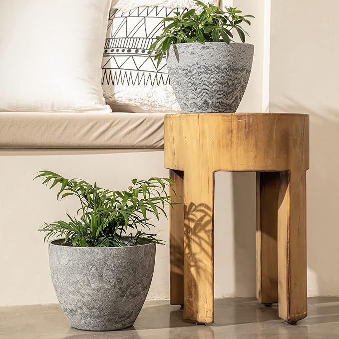 LA JOLIE MUSE Flower Pots Outdoor Garden Planters Indoor Plant Pots with Drainage Holes Plastic Marble Pattern Grey Set 2 (8.6 + 7.5 Inch)