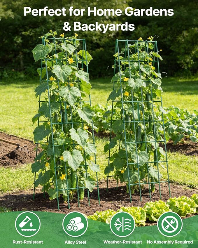 Suteck A-Frame Cucumber Trellis 59.4 2 Pack - Metal Garden Trellis for Cucumbers Peas Beans &amp Climbing Plants Foldable Outdoor &amp Indoor Vegetable Support for Raised Beds Patios &amp Back