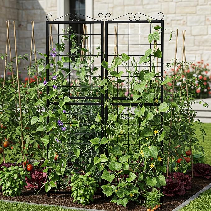 DoCred 2 Pack Garden Trellis for Climbing Plants 71 Inch Metal Plant Trellis for Plant Support Large Decorative Outdoor Trellis for Climbing Vegetable Flower Rose Vine Cucumber Black Square Grid