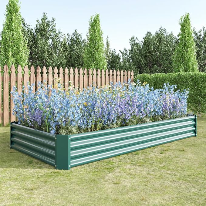 Heavy-Duty Galvanized Steel Raised Garden Bed for Outdoor Vegetable Herb and Flower Planting with Rust-Resistant Finish (Green with 8x4x1ft)