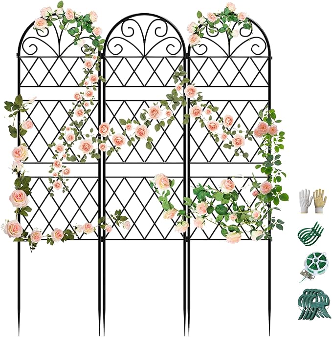 Garden Trellis for Climbing Plants 3 Pack 38 Wx 64.6 H Rustproof Flower Trellis with Black Coating Outdoor Climbing Rose Trellis Cucumbers Support for Courtyards Lawns (Diamond-Shaped Grid)