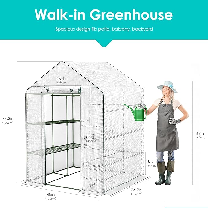Twira Greenhouse for Outdoors 48 x 73.2 x 74.8 Walk in Plant Greenhouses Heavy Duty with Thicken PE Cover 3 Tiers 8 Shelves Greenhouse Plastic Portable Green House for Outside Patio Gardening